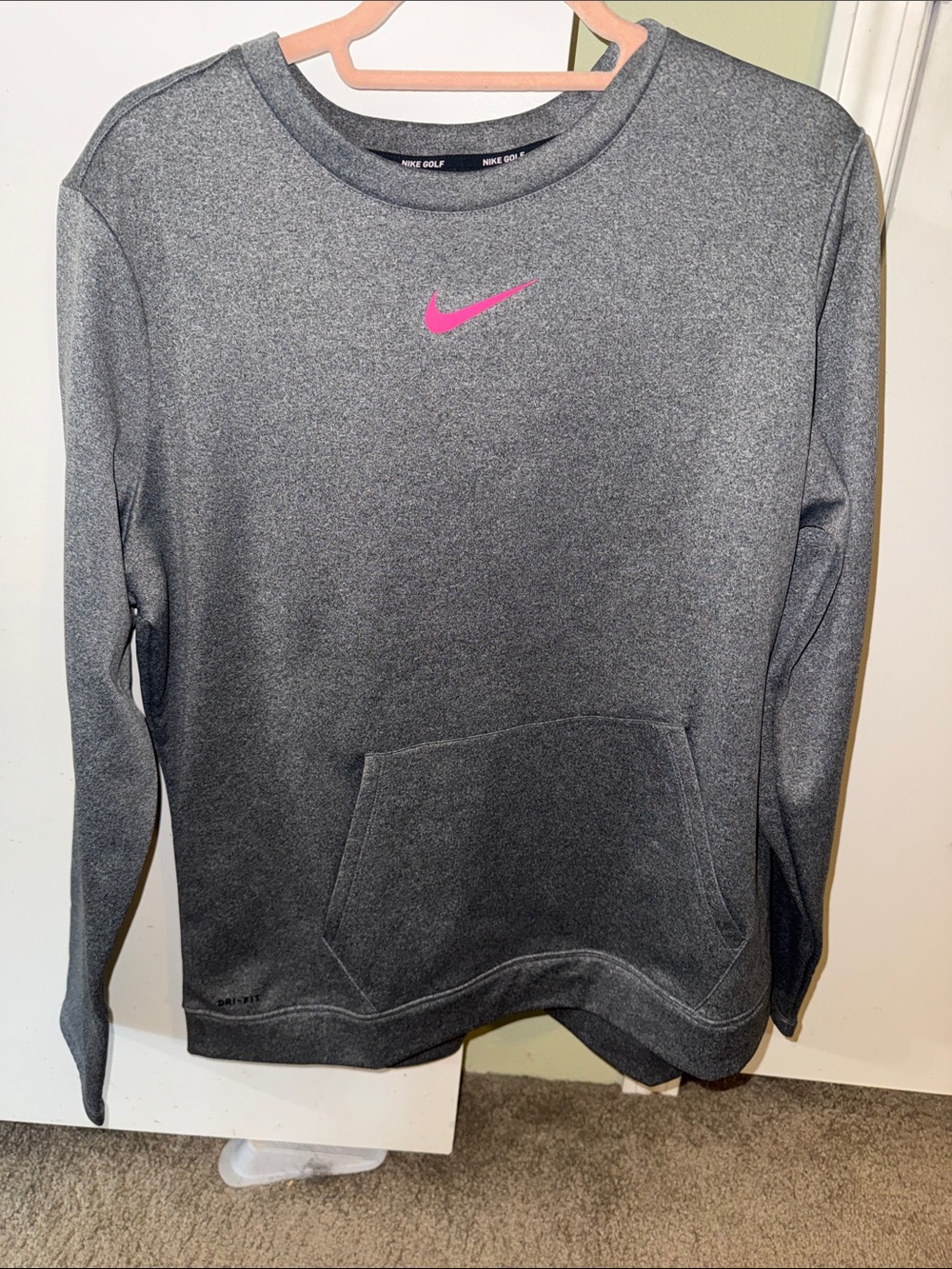 Nike Women's Charcoal Crewneck Sweatshirt with Pink Swoosh